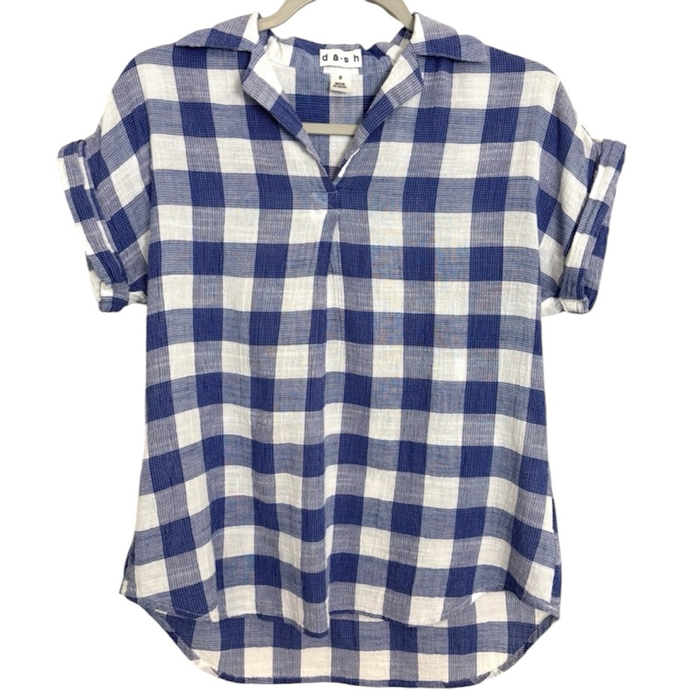 Da-sh Blue Gingham Plaid Short Sleeve Cotton Top Women’s Small Coastal Casual
